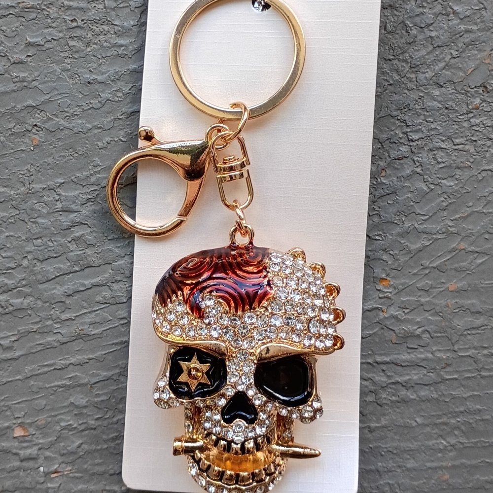 Gold Skull Keychain with Rhinestones - Picture 1 of 8